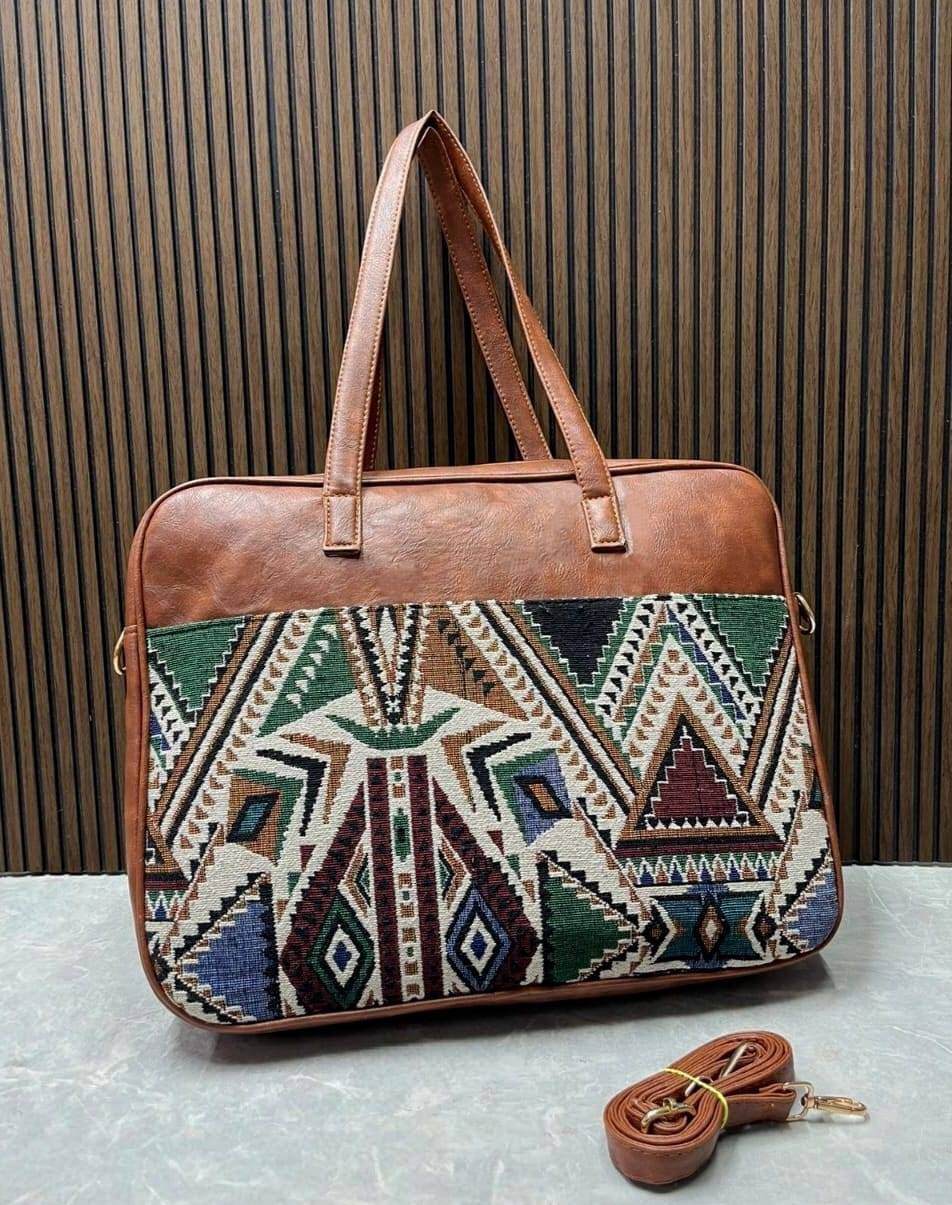 Earth Tone Jacquard Luxe Laptop Bag with Brown Leatherite